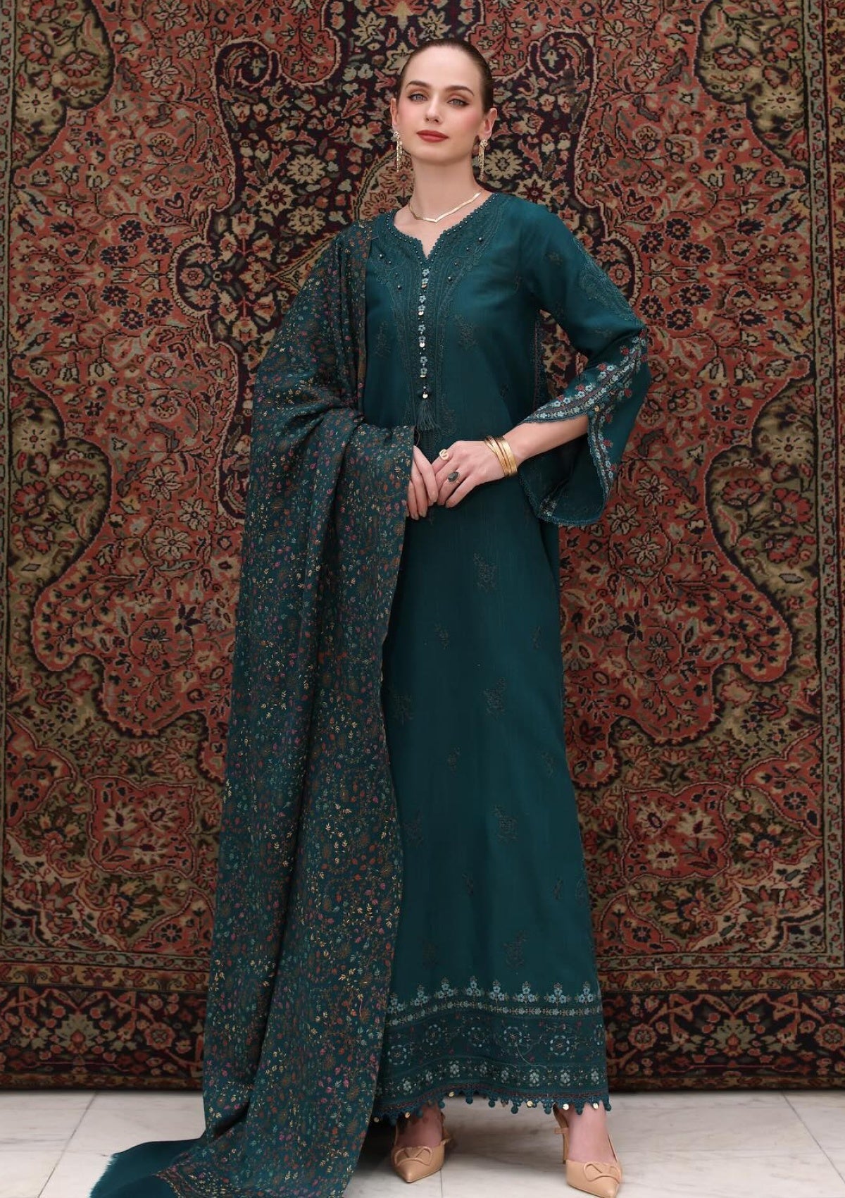 3PC Lawn Embroidered Shirt With Digital Printed Jauqard Dupatta-5128