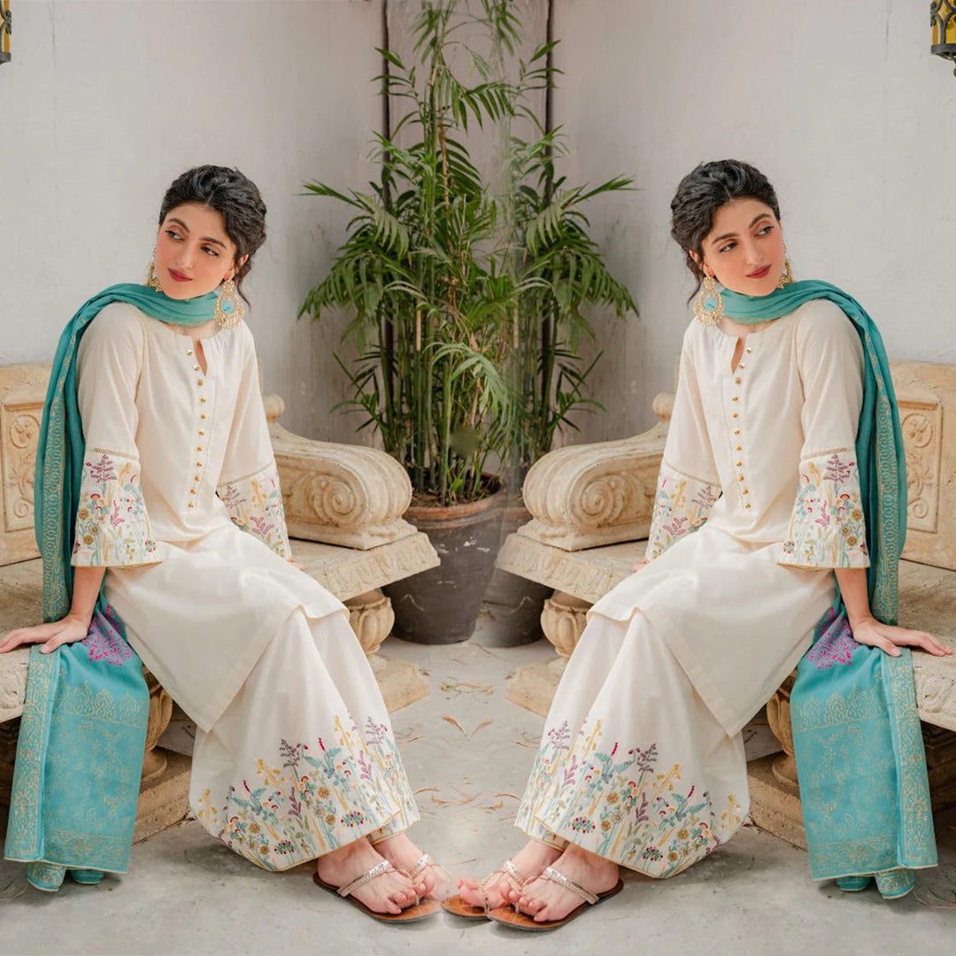 Lawn 3PC Embroidered Shirt with Digital Printed Jauqard Dupatta- 5018