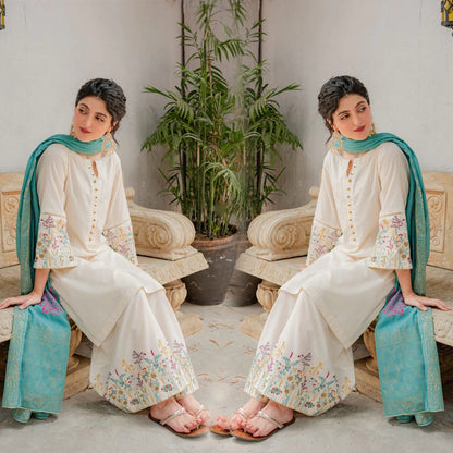 Lawn 3PC Embroidered Shirt with Digital Printed Jauqard Dupatta- 5018