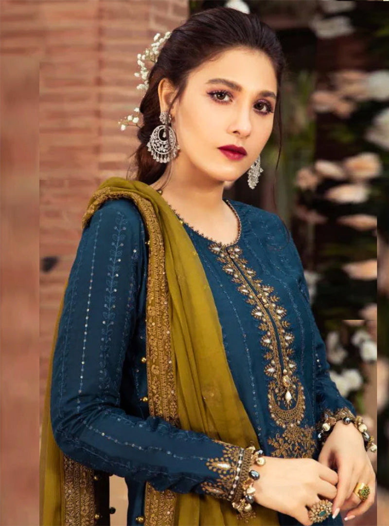 Linen 3PC Embroidered Shirt with Chiffon Embroidered Dupatta -983